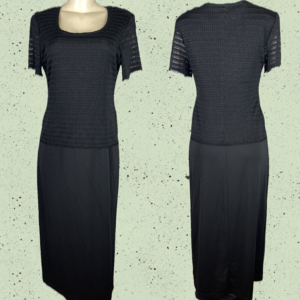 Dressbarn 10 Black Textured Open Weave Knit Top Overlay Short Sleeve Maxi Dress